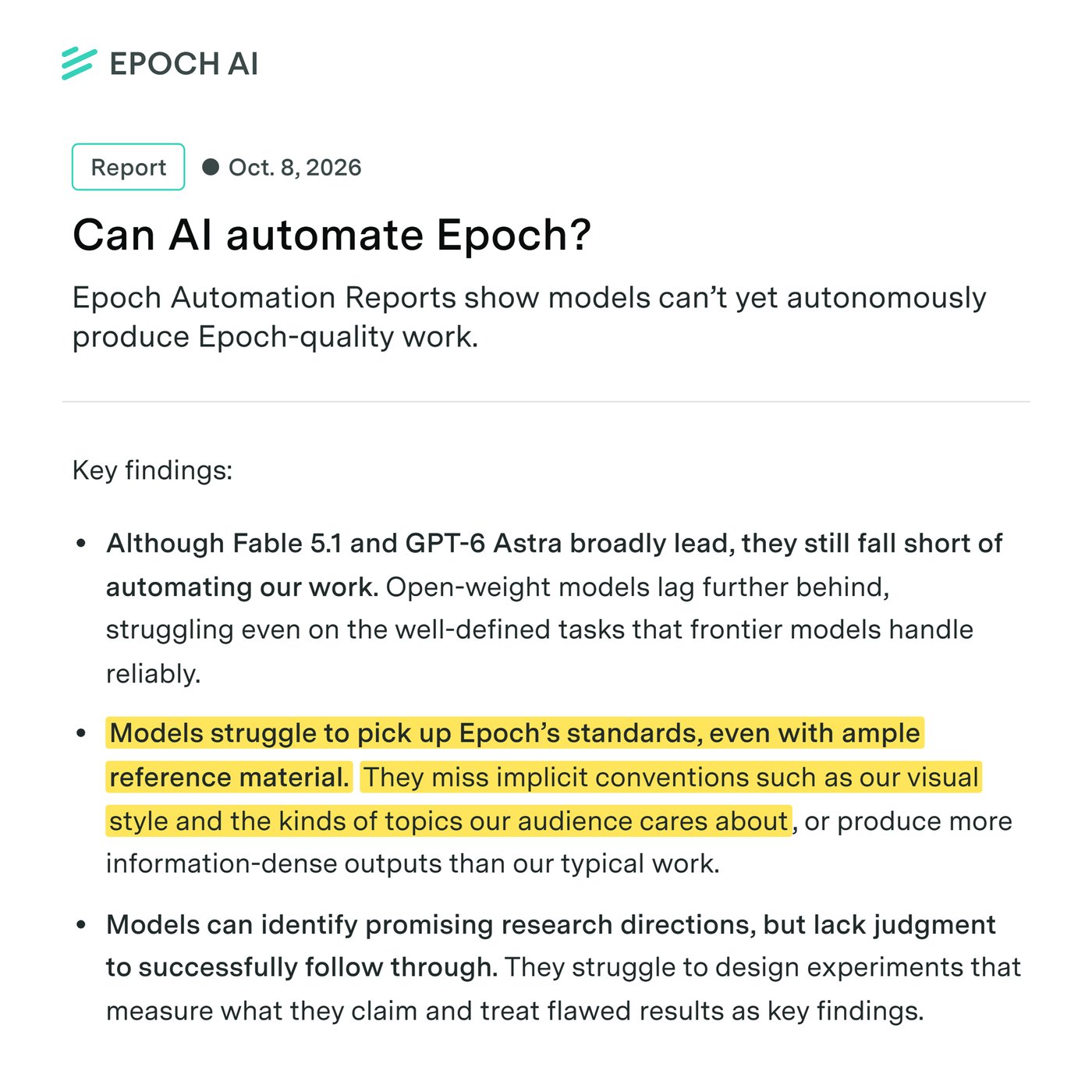 Epoch AI report page titled Can AI automate Epoch?, dated 8 October 2026, listing three key findings. The second, on models missing implicit conventions such as visual style and audience interests, is highlighted.