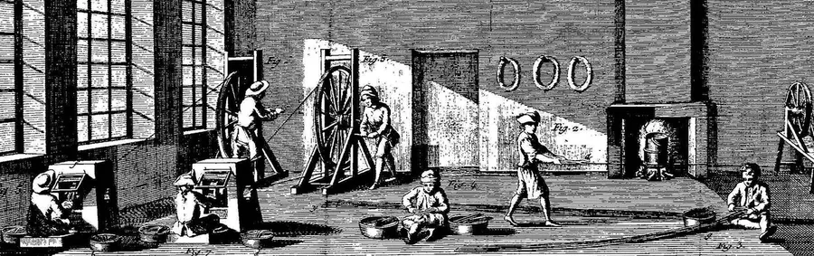 Enlarged detail of the workshop floor: wire drawing at the wheels and cutting at the benches.