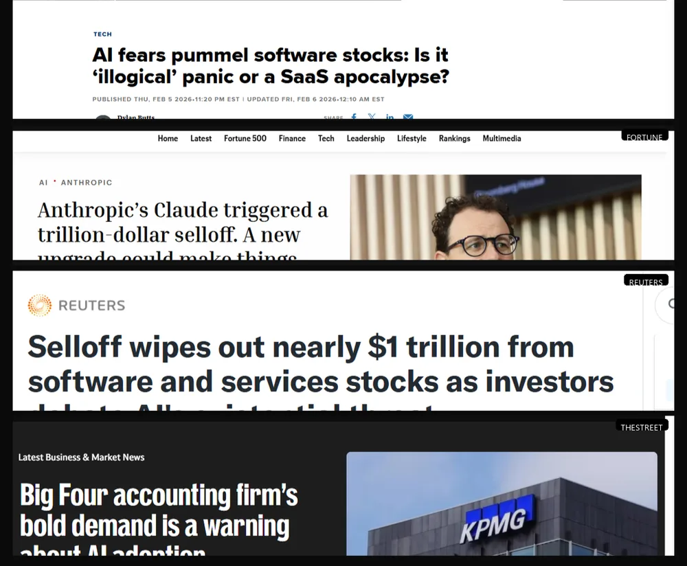 Collage of news headlines on the software stock selloff after Anthropic released a Claude plugin, from Fortune, Reuters, CNN and TheStreet.