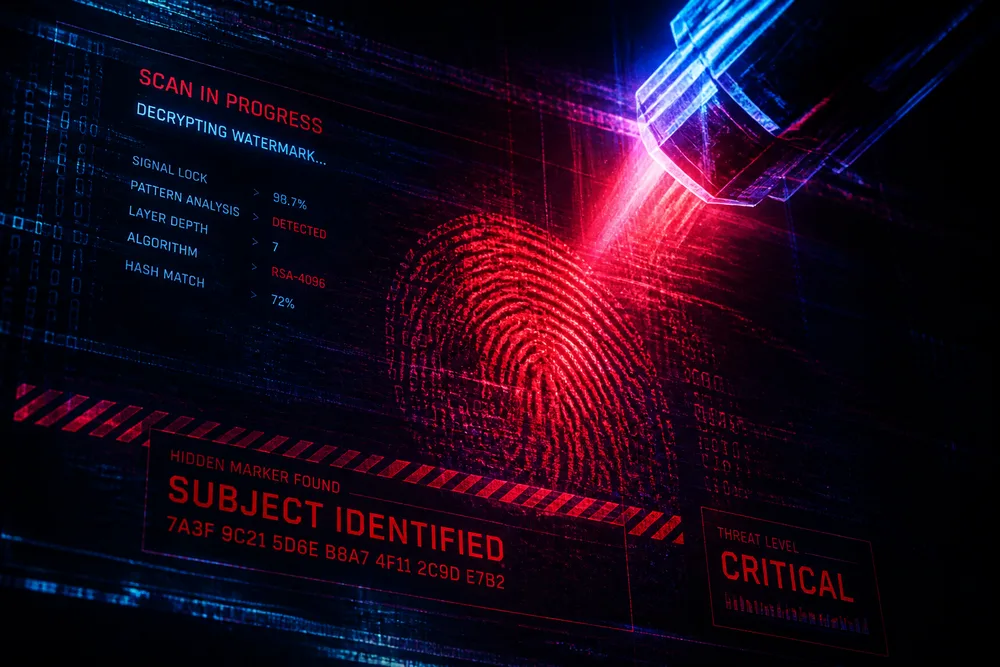 Illustration of a fingerprint under a red scanning beam, with the words subject identified and critical.